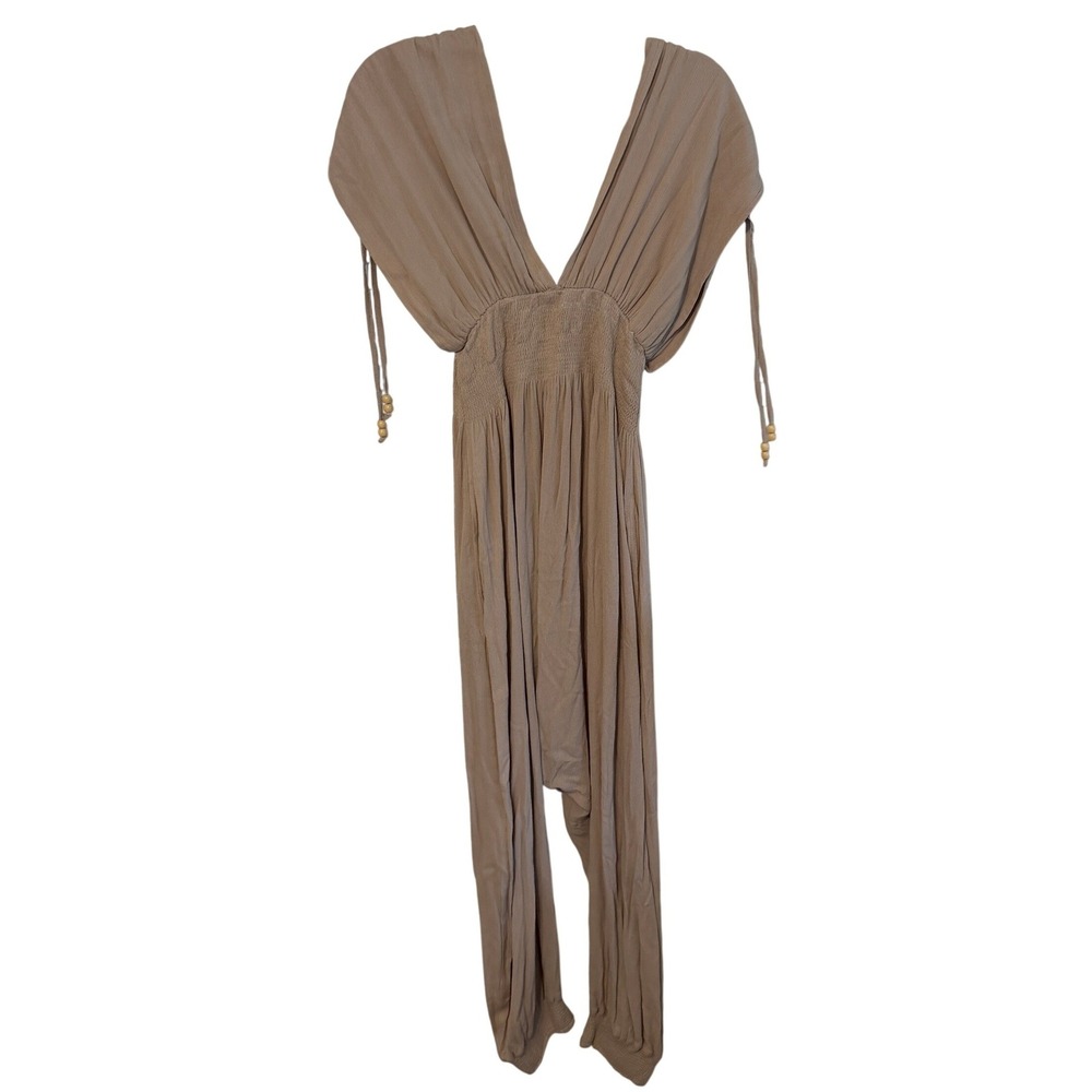 William B Jumpsuit Smocked Harem Small Tan Womens Boho‎ Festival Gauze Romper